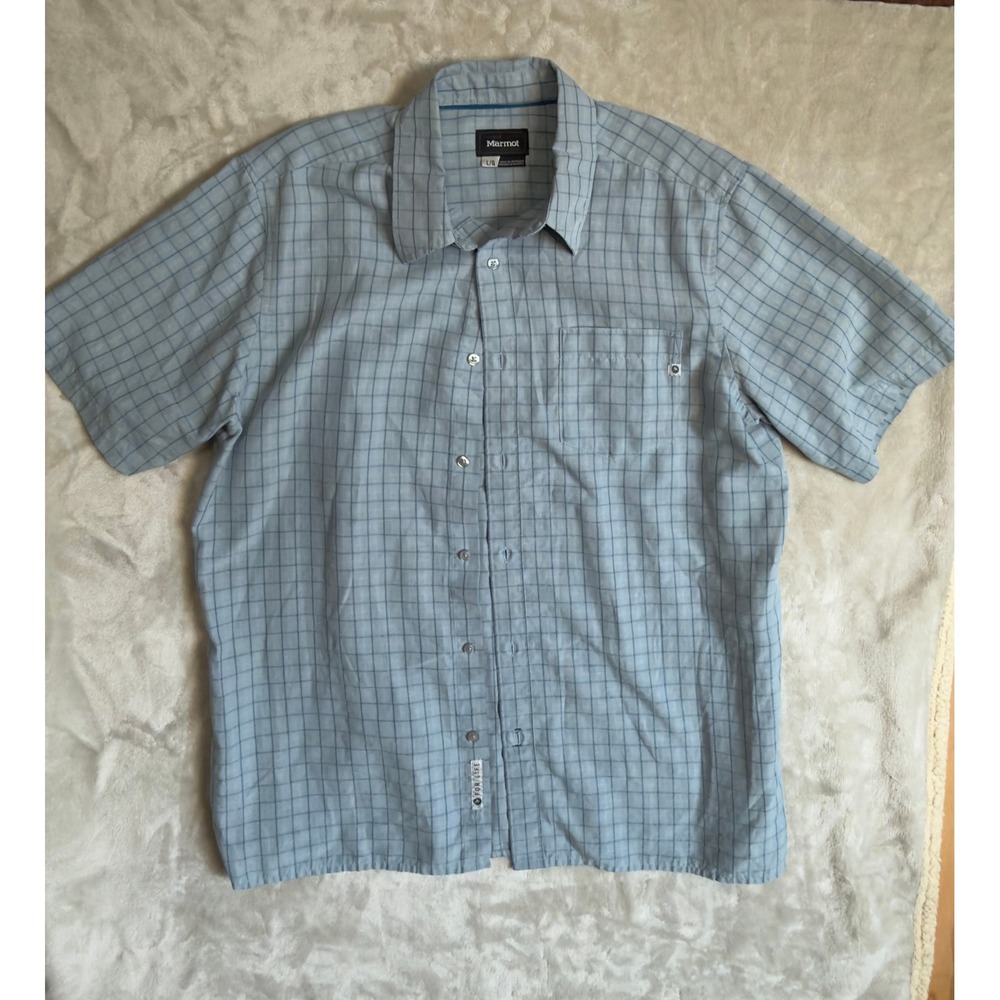 Marmot Mens Short Sleeve Button Down Shirt Blue Grey Grid Plaid Large L/G
